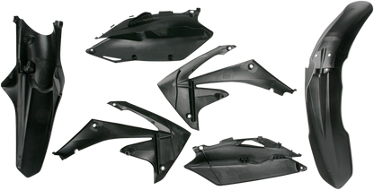 A black Acerbis standard replacement body kit for motorcycles, featuring panels and parts designed for durability and fit.