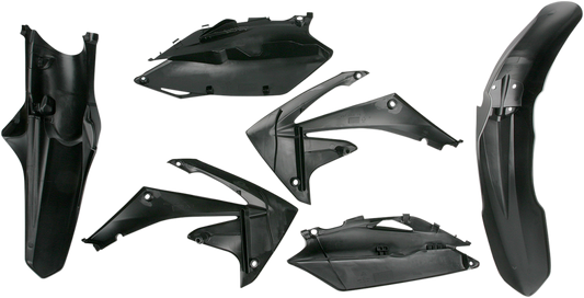 A black Acerbis standard replacement body kit for motorcycles, featuring panels and parts designed for durability and fit.
