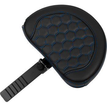 SADDLEMEN Roadsofa™ extended reach motorcycle seat with backrest, honeycomb design, blue stitching for FLTR/FLHX 2023-2024.