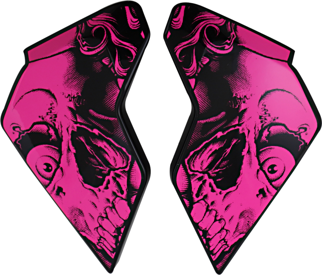 Pink ICON Airflite™ Side Plates for Pleasuredome Redux helmet, designed by Bill's Exhausts, showcasing detailed side panel graphics.