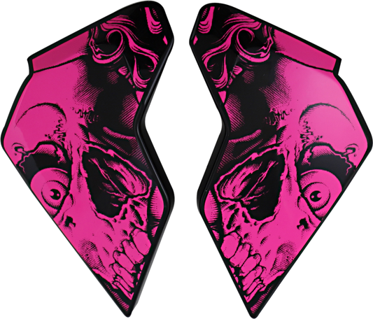 Pink ICON Airflite™ Side Plates for Pleasuredome Redux helmet, designed by Bill's Exhausts, showcasing detailed side panel graphics.