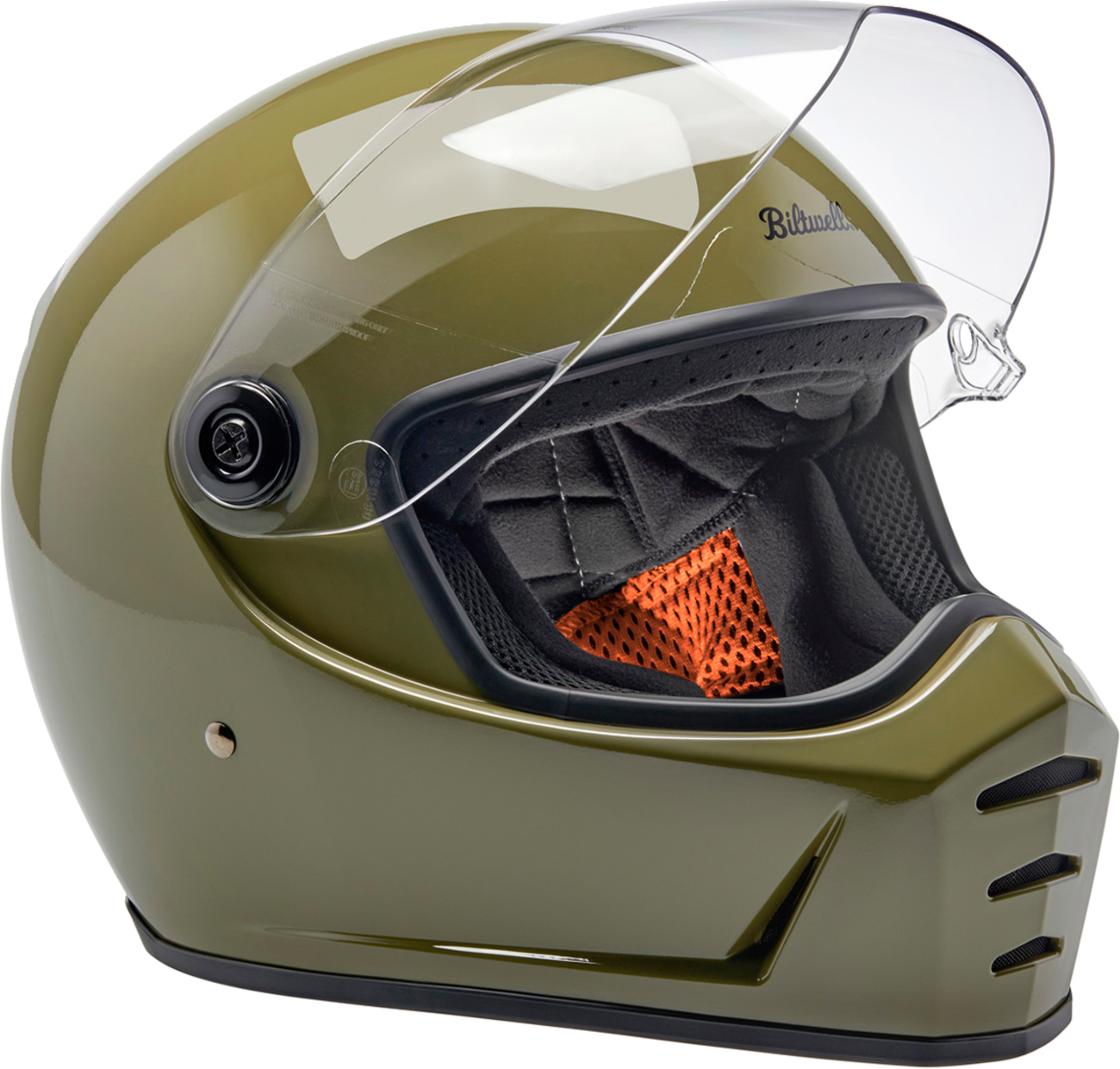 BILTWELL Lane Splitter helmet in glossy olive green, XL size, featuring a smooth, rounded design and secure strap detail.