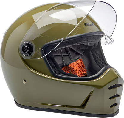 BILTWELL Lane Splitter helmet in glossy olive green, XL size, featuring a smooth, rounded design and secure strap detail.