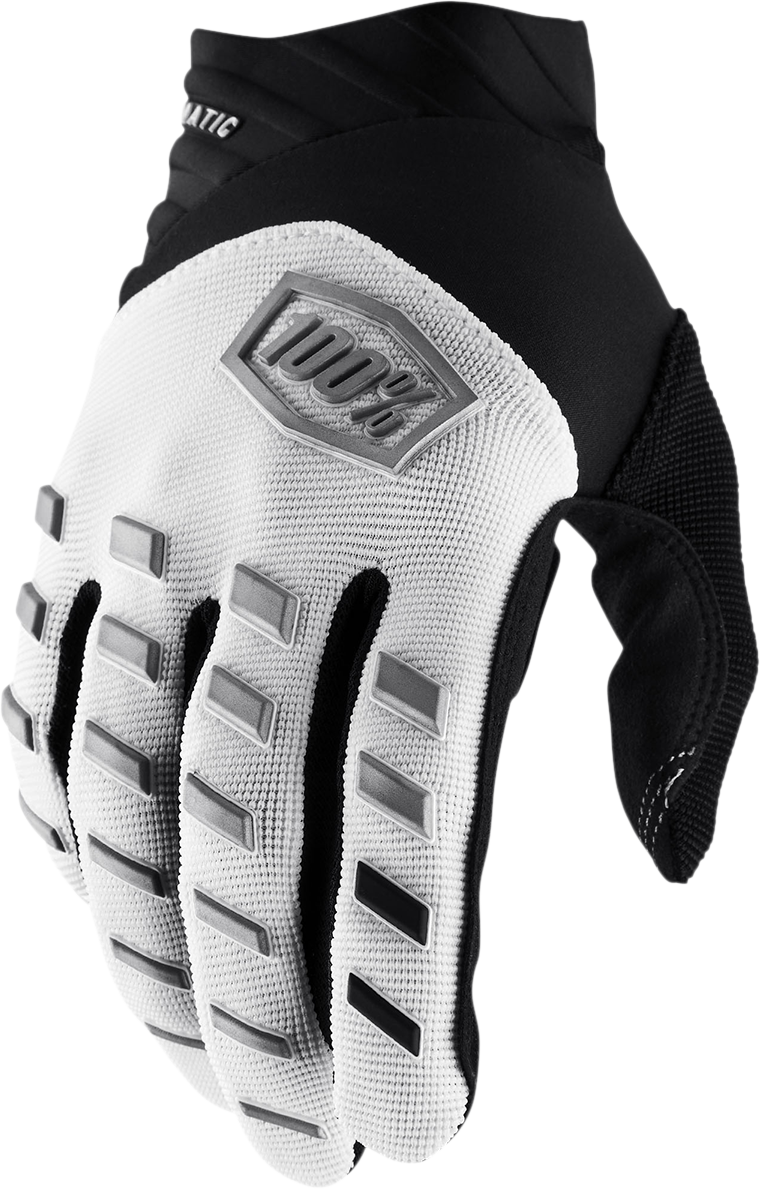White Bill's Exhausts 100% Airmatic Gloves in Medium size, showing the protective gloves with textured palms and secure wrist cuffs.