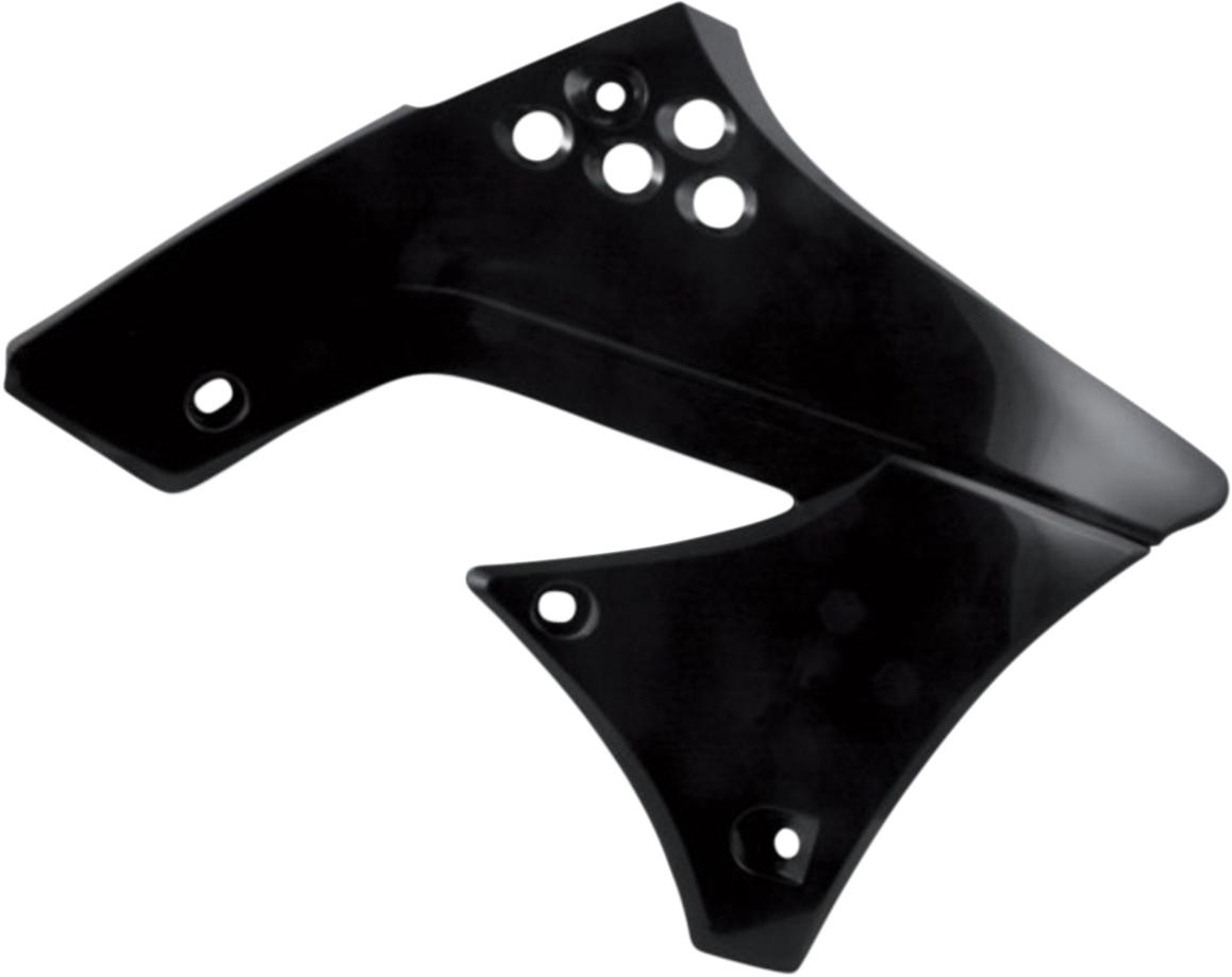 A set of black ACERBIS radiator shrouds for motorcycle body protection, designed for compatibility with specific models.