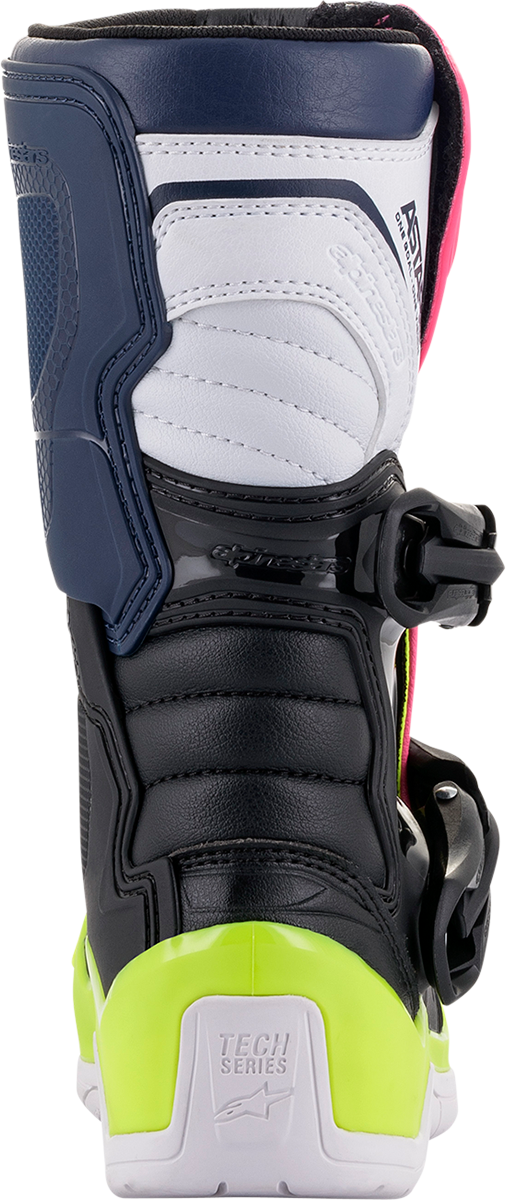 Alpinestars Tech 3S motorcycle boots in black, blue, and pink with US size 12, featuring sturdy design and protective features.