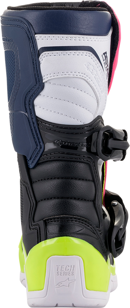 Alpinestars Tech 3S motorcycle boots in black, blue, and pink with US size 12, featuring sturdy design and protective features.