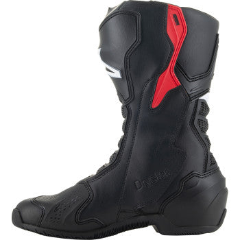 Black and red Alpinestars SMX-6 V3 Drystar motorcycle boots in US 12.5 / EU 48, featuring protective design and sturdy construction.