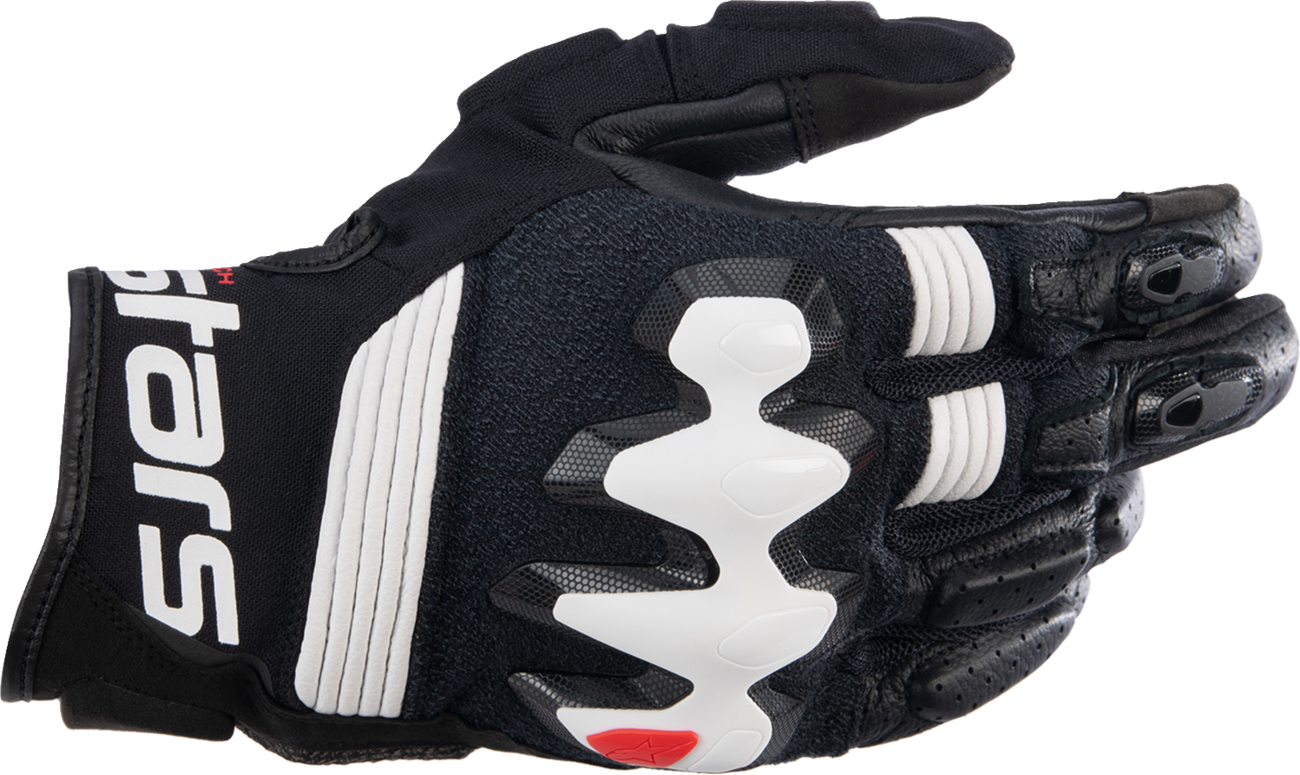Black and white Alpinestars Halo motorcycle gloves in small size, featuring protective knuckles and adjustable wrist straps.