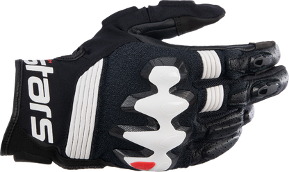 Alpinestars Halo Gloves in black and white, size XL, showing the protective motorcycle gloves with reinforced palms and adjustable wrist straps.