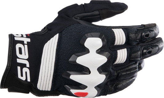 Alpinestars Halo Gloves in black and white, size XL, showing the protective motorcycle gloves with reinforced palms and adjustable wrist straps.