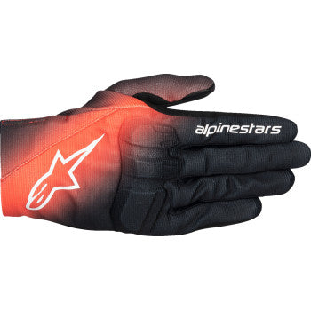 Alpinestars Reef V2 motorcycle gloves in black, fluo red, and white with protective knuckles and adjustable wrist strap.