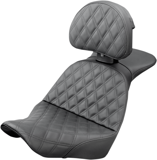 Bill's Exhausts SADDLEMEN Explorer Seat with lattice stitching and backrest for Softail 2018-2019 motorcycle, black leather seat.