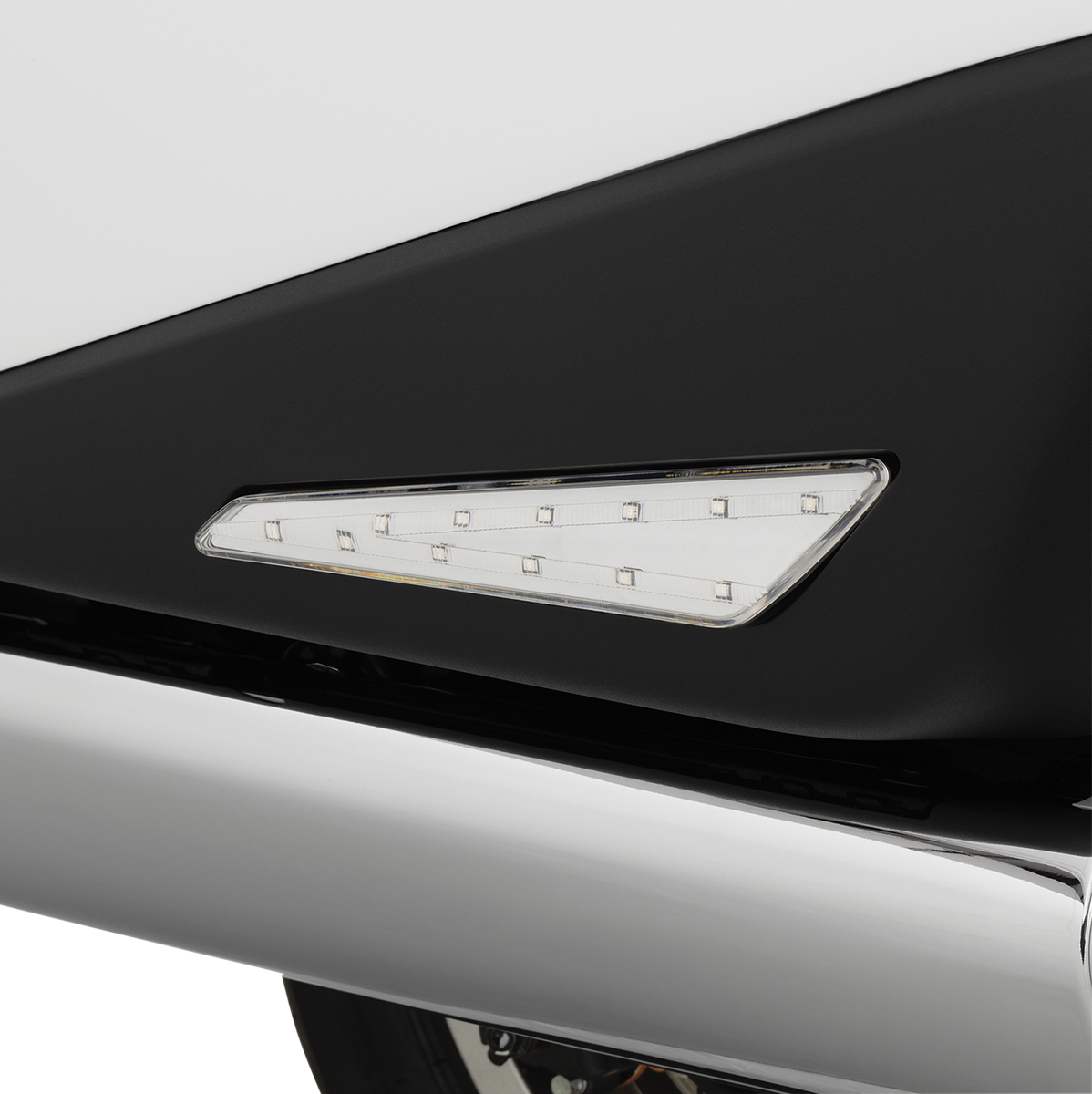 Bill's Exhausts Show Chrome LED marker lights for Honda GL1800 with clear lenses and red LEDs, mounted on motorcycle engine.