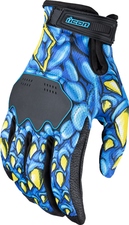 Blue ICON Hooligan Kryola Kreep Gloves in Medium size, featuring durable fabric and detailed design, by Bill's Exhausts.