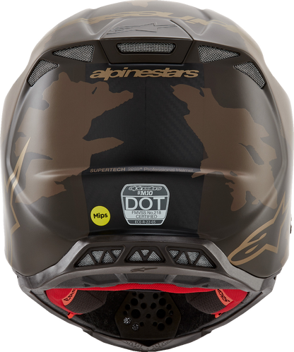 Alpinestars Supertech M10 Moto Helmet in dark brown and gold with MIPS® technology, size XL, shown from the side.