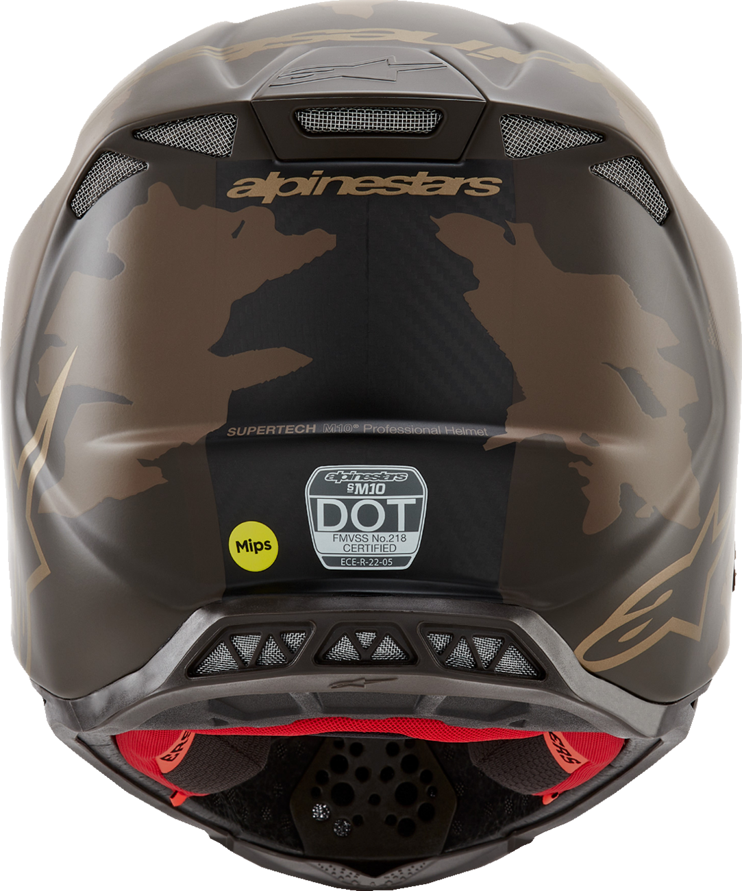 Alpinestars Supertech M10 Squad helmet in dark brown and gold with MIPS® safety system, medium size, detailed front view.