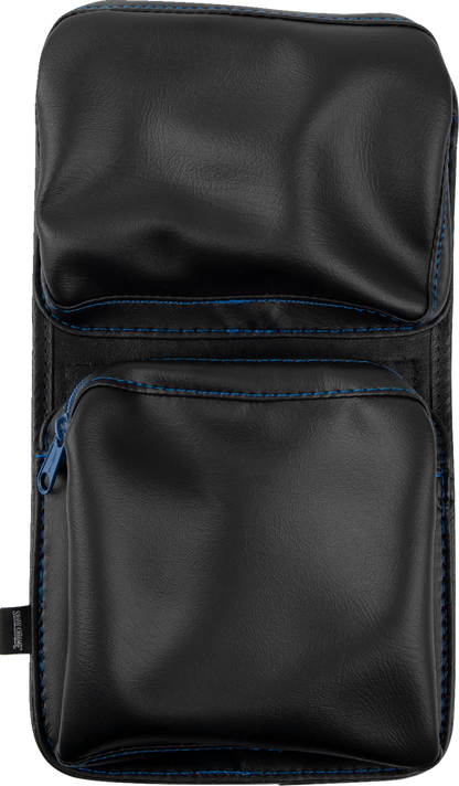 Black SHOW CHROME Kaliber dash pouch with blue zipper, designed for engine storage, by Bill's Exhausts.