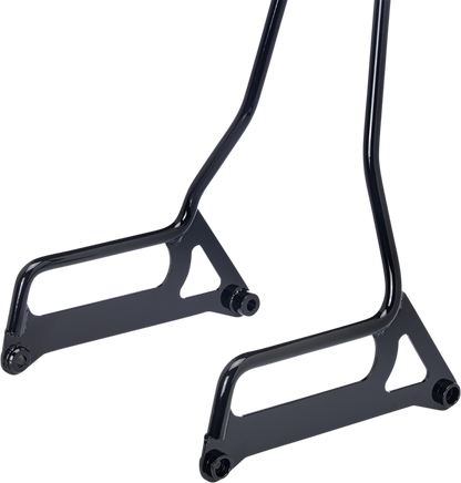 Biltwell Exfil FXD sissy bar in gloss black, motorcycle sissy bar with sturdy design, mounted on a Harley FXD motorcycle.