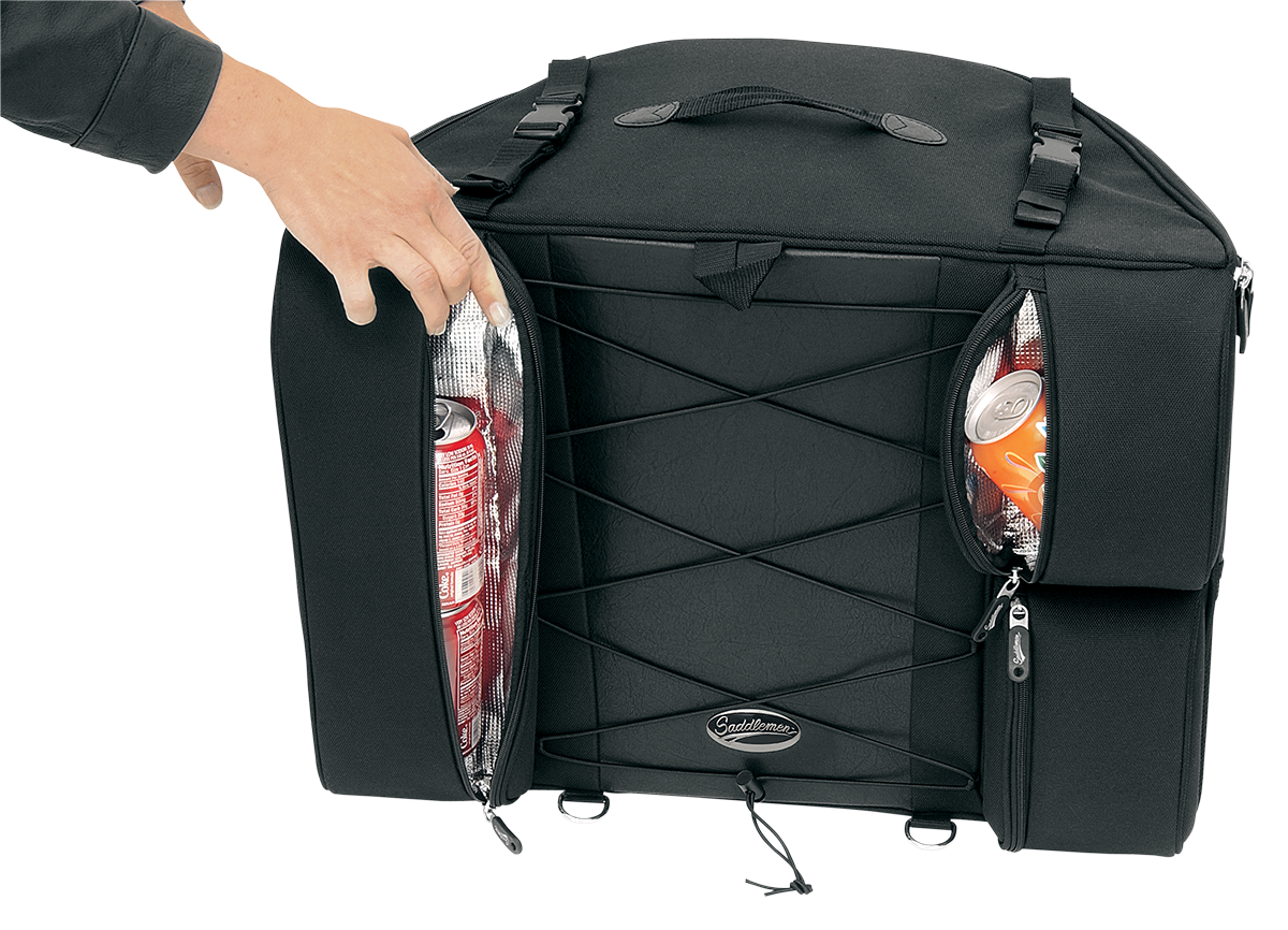 Bill's Exhausts Saddlemens Backrest Bag 3501-0322 seat with built-in backrest and storage pocket, designed for motorcycle comfort.