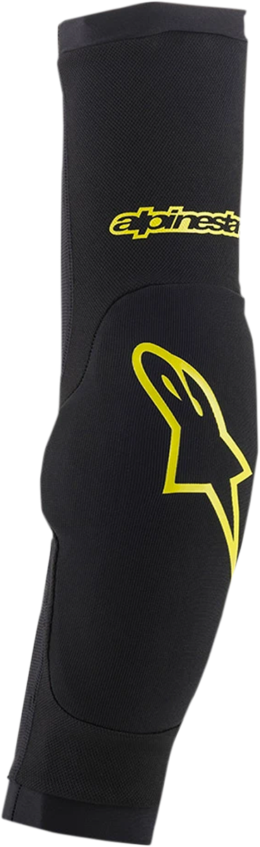 Alpinestars Paragon Plus protective elbow guards in black and yellow for motorcycle safety, small size.