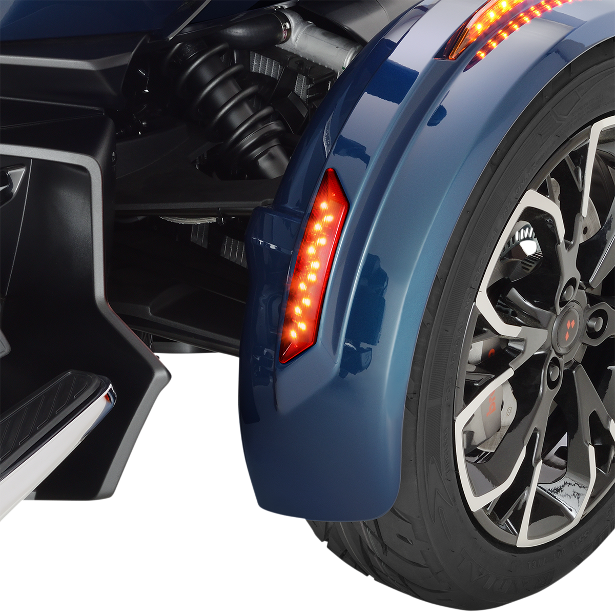 Can-Am SHOW CHROME front and rear fender lights installed on a vehicle, showcasing engine-mounted lighting by Bill's Exhausts