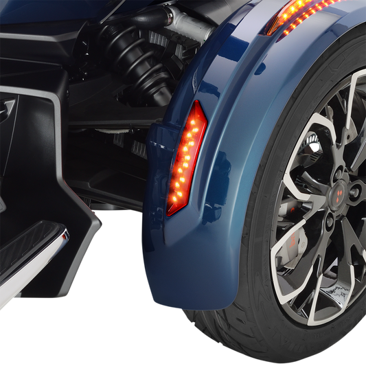 Can-Am SHOW CHROME front and rear fender lights installed on a vehicle, showcasing engine-mounted lighting by Bill's Exhausts