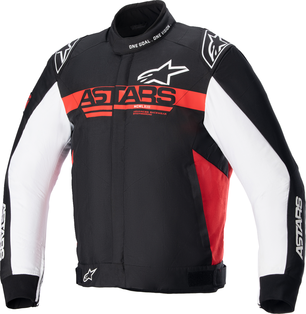 Alpinestars Monza sport jacket in black, red, and white, 3XL, displayed on a hanger with visible branding and color details.