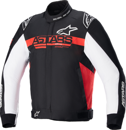 Alpinestars Monza sport jacket in black, red, and white, 3XL, displayed on a hanger with visible branding and color details.