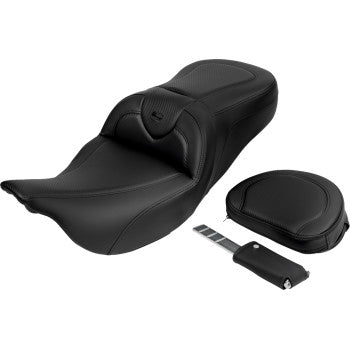 Bill's Exhausts SADDLEMEN Roadsofa™ motorcycle seat with backrest, black carbon fiber finish, black stitching for FL 2008-2019 models.