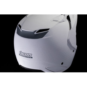 White ICON Elsinore™ helmet by Bill's Exhausts, large size, shown from front view with sleek design and secure strap.