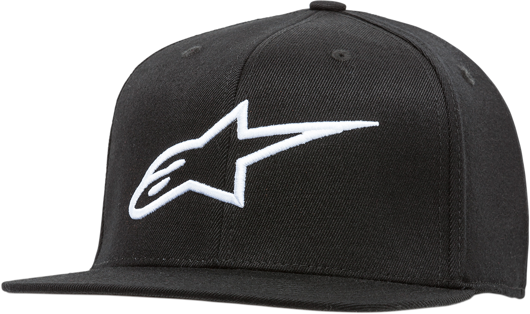 Alpinestars Ageless flat bill hat in black and white with small/medium fit, featuring embroidered logo and curved brim.