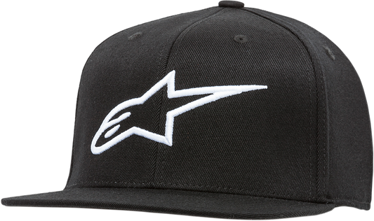Alpinestars Ageless flat bill hat in black and white with small/medium fit, featuring embroidered logo and curved brim.