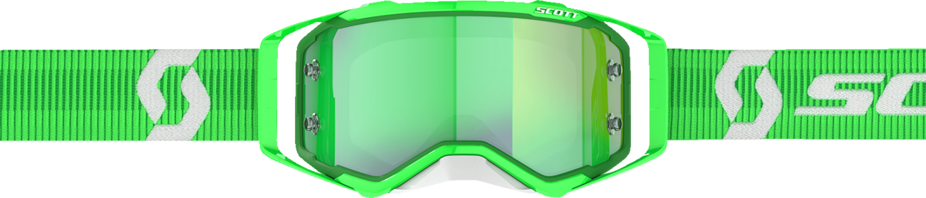 Scott Prospect Goggle in green and white with green chrome lens, featuring adjustable strap and foam padding for helmet compatibility.