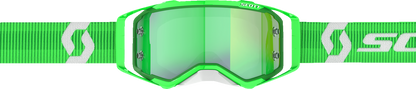 Scott Prospect Goggle in green and white with green chrome lens, featuring adjustable strap and foam padding for helmet compatibility.