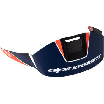 Alpinestars Supertech R10 helmet spoiler in matte black, carbon red fluo, and blue with team branding, designed for racing helmets.