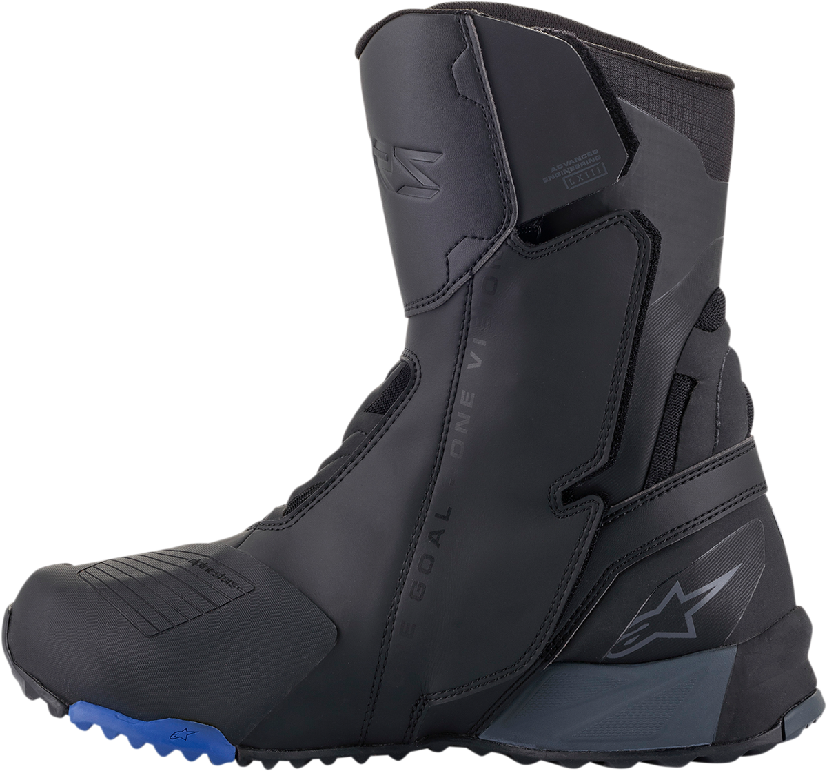 Black and blue Alpinestars RT-8 Gore-Tex motorcycle boots in US 12.5, EU 48, with reinforced soles and waterproof design.