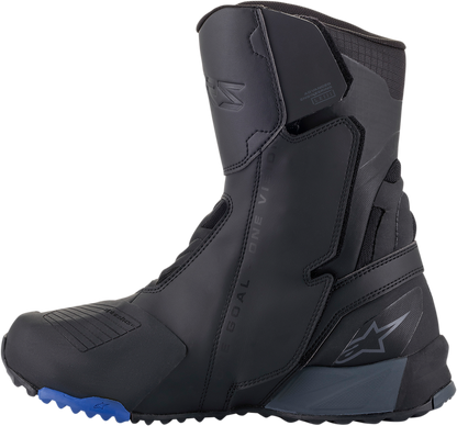 Black and blue Alpinestars RT-8 Gore-Tex motorcycle boots in US 12.5, EU 48, with reinforced soles and waterproof design.