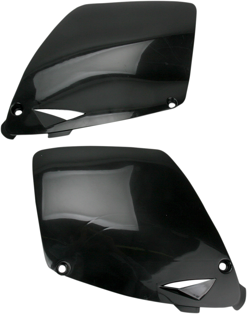 Black Acerbis side panel for motorcycle body, designed for compatibility with Bill's Exhausts models.