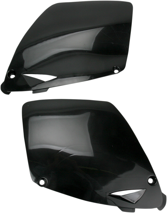 Black Acerbis side panel for motorcycle body, designed for compatibility with Bill's Exhausts models.