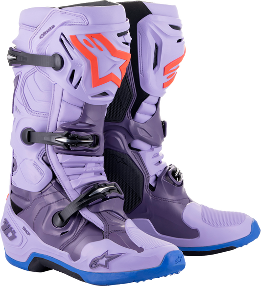 Alpinestars Tech 10 motorcycle boots in laser purple, US size 11, featuring protective design and sturdy construction.