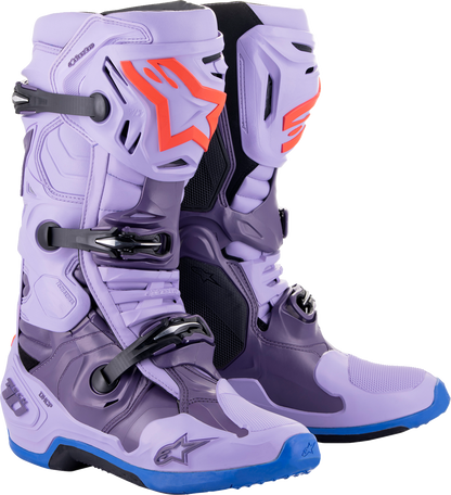 Alpinestars Tech 10 motocross boots in laser purple, US size 9, featuring durable design and protective features.