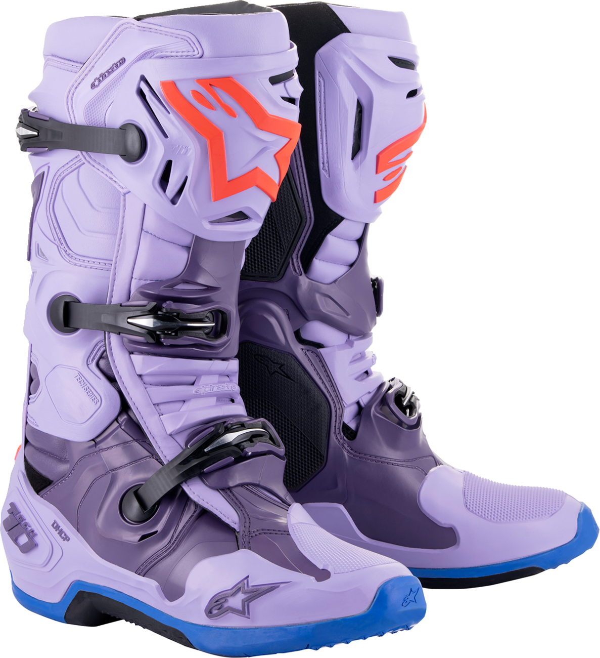 Alpinestars Tech 10 racing motorcycle boots in laser purple, US size 10, featuring high ankle protection and advanced design.