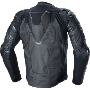 Black Alpinestars Atem v5 leather motorcycle jacket with protective armor, displayed on a mannequin.