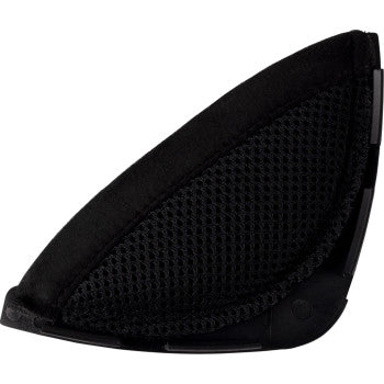 Black ICON Domain™ Chin Curtain helmet part from Bill's Exhausts, shown attached to a motorcycle helmet.