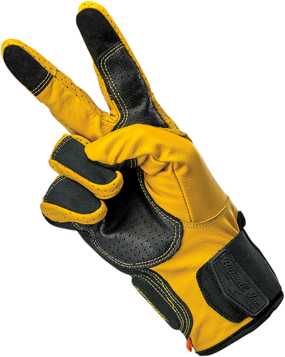 BILTWELL Borrego Gloves in gold and black, small size, featuring leather and textile materials, stylish motorcycle riding gloves.
