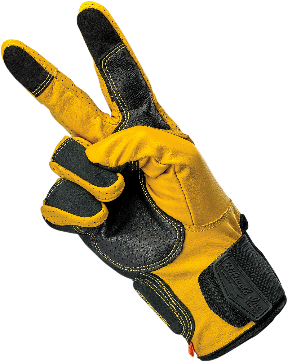 Bill's Exhausts BILTWELL Borrego Gloves in gold and black, 2XL size, showing textured leather and finger detailing