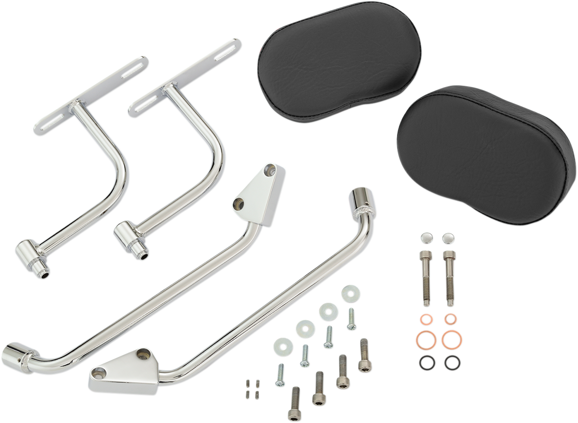 Black SHOW CHROME Deluxe Passenger Armrest for Indian engine, designed by Bill's Exhausts, shown on a motorcycle engine.