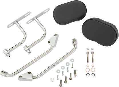 Black SHOW CHROME Deluxe Passenger Armrest for Indian engine, designed by Bill's Exhausts, shown on a motorcycle engine.