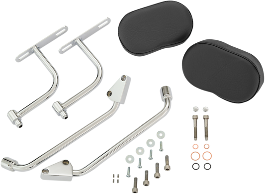 Black SHOW CHROME Deluxe Passenger Armrest for Indian engine, designed by Bill's Exhausts, shown on a motorcycle engine.